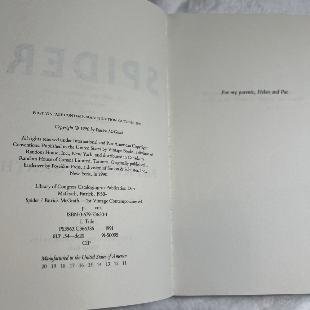Spider: Patrick McGrath-1991 Horror‎ Novel/Vintage Paperback Edition, Softcover - Picture 3 of 3